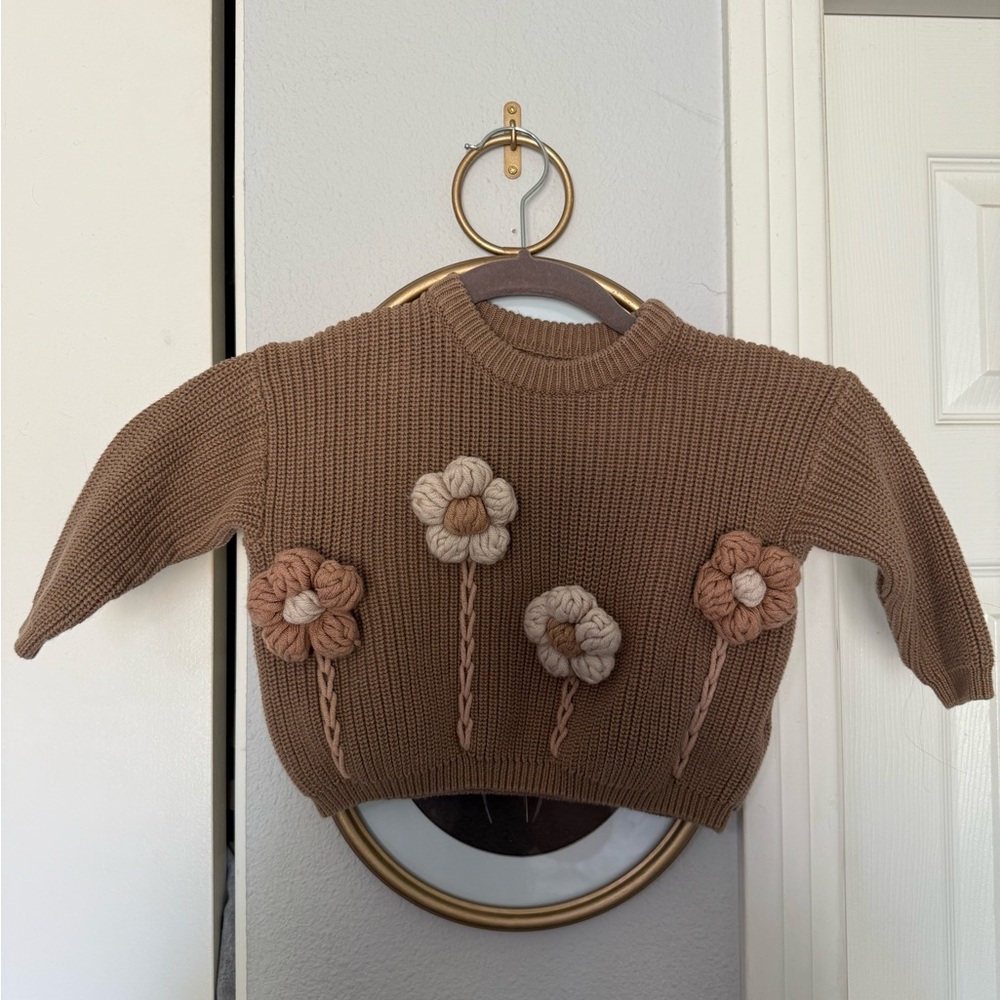 Brown Floral Knit Sweater for Kids